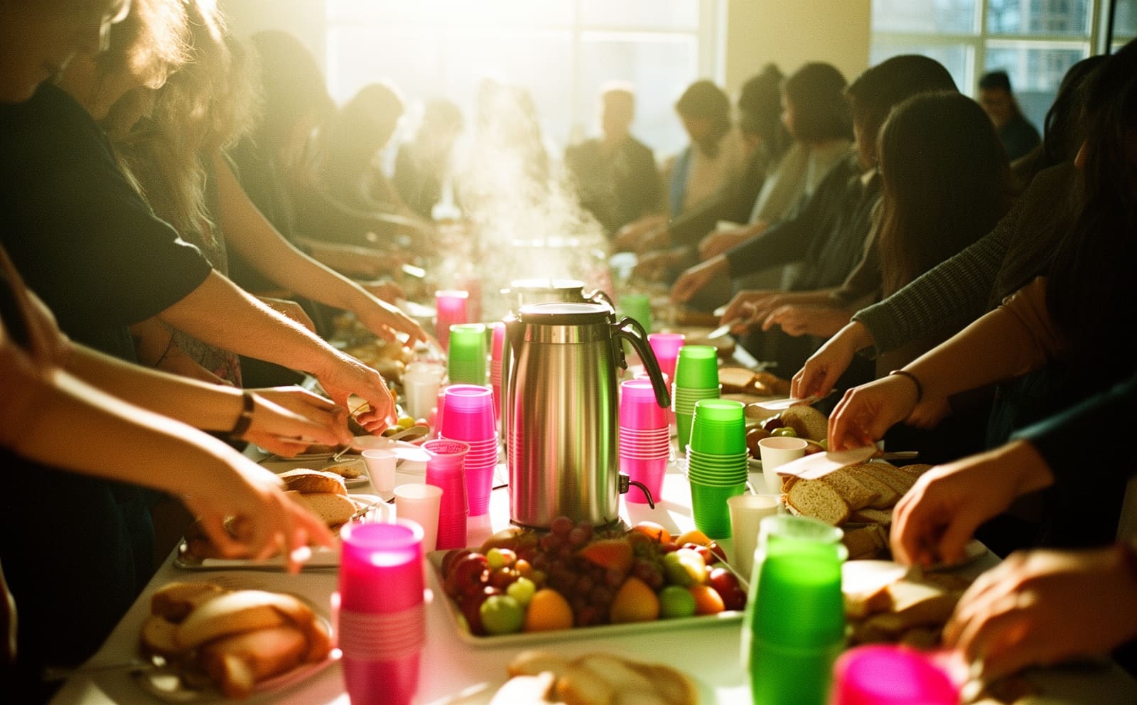 Hands reaching across a food and drink table lit by a shaft of sunlight.