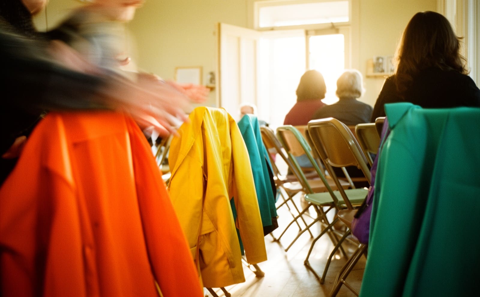 A row of folding chairs draped with bright coats in a sunlit community room.