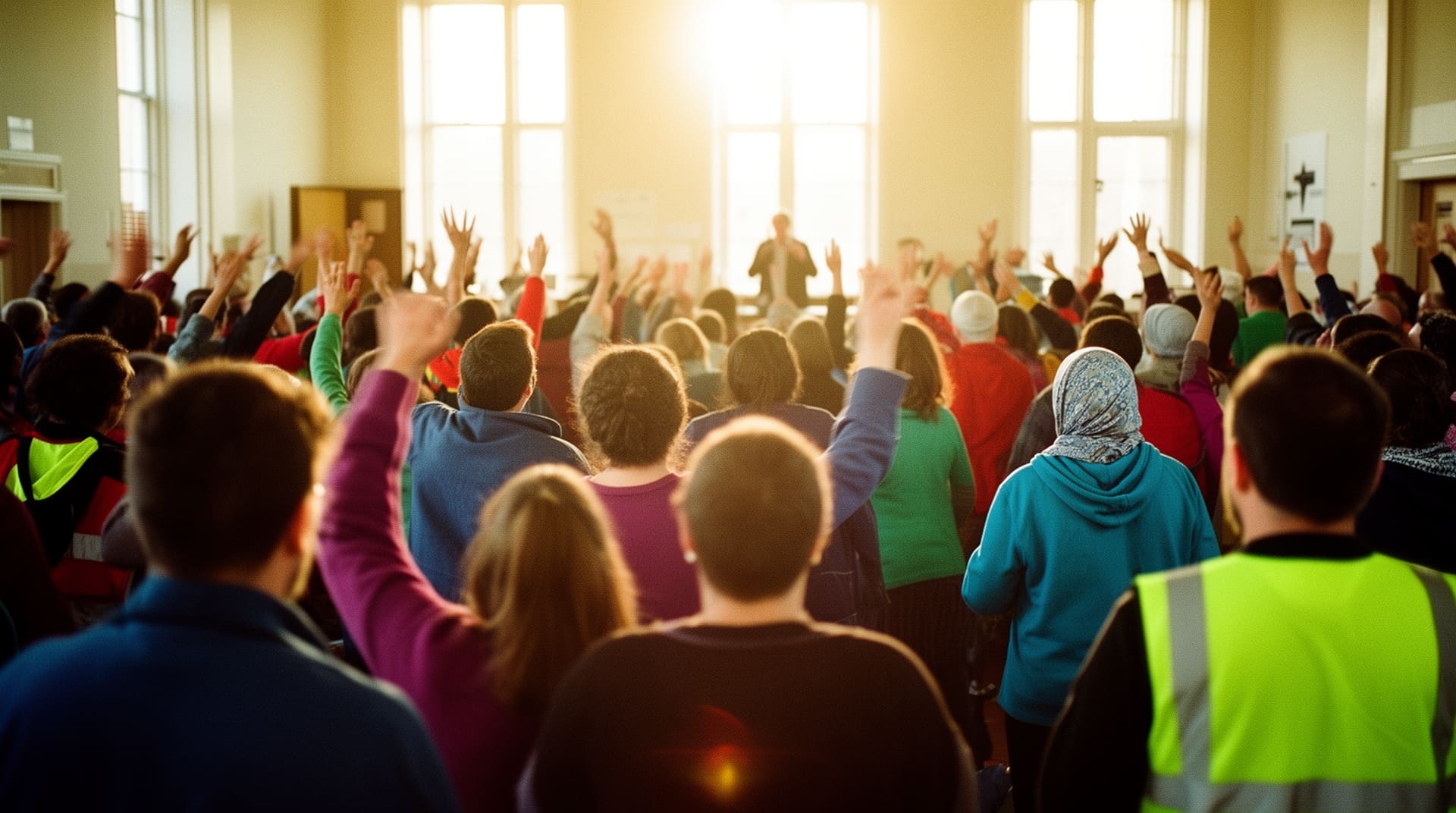 A crowded hall mid-meeting in bright afternoon light, people standing and talking.