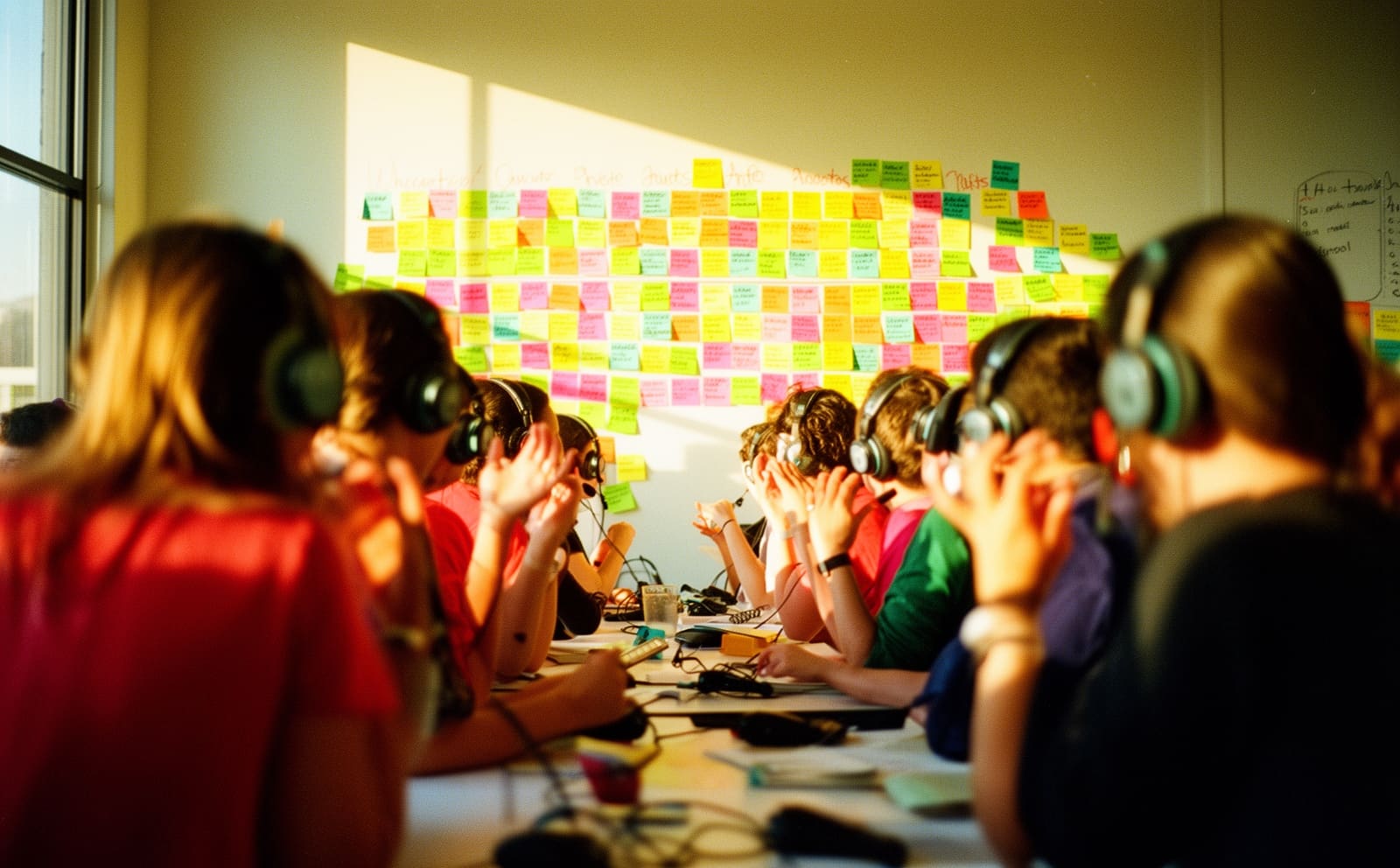 A phone bank photographed from behind the callers, colourful tally sheets ahead of them.