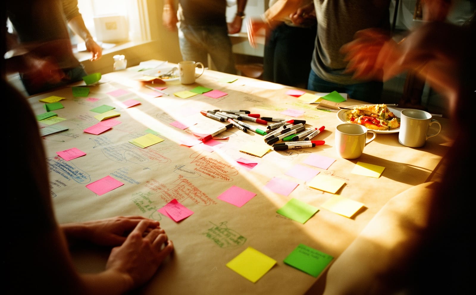 A long table seen from above, covered in marked-up paper, sticky notes and markers, with low sunlight across it.