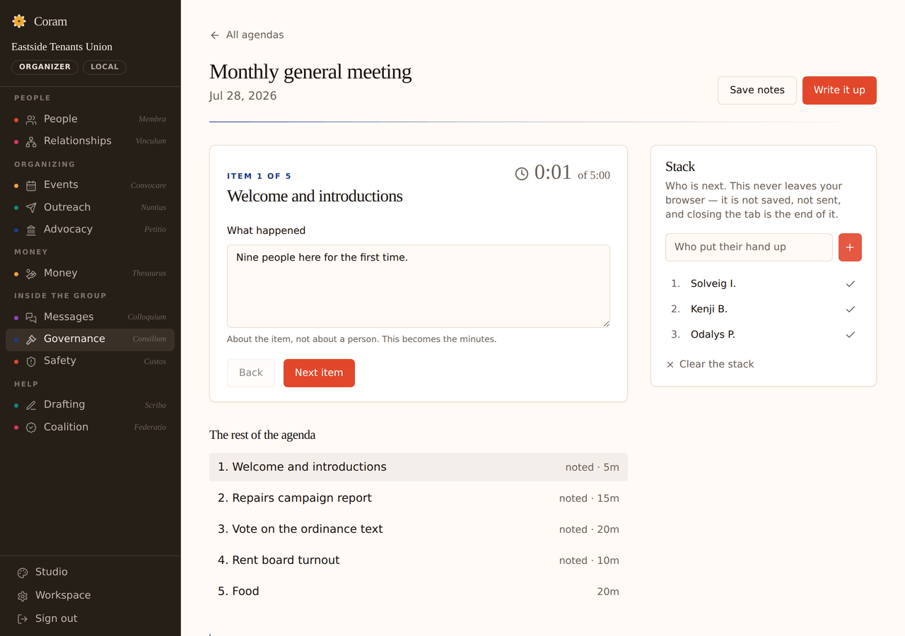 A meeting being run in Coram: the current agenda item with a clock showing time used against the minutes allotted, a box for what happened, the rest of the agenda beneath, and a speaking stack down the right with a note that it is never saved.