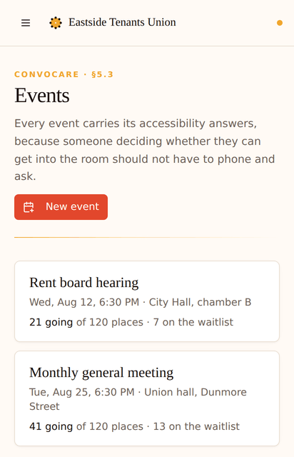The events list on a phone, showing a rent board hearing with the number of people going and how many places are left.