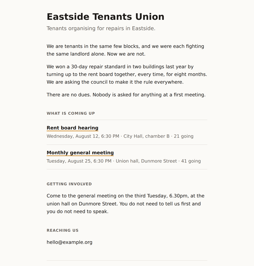 A tenants union’s public page: the group’s name and one-line description, three paragraphs about who they are, then two upcoming public events with dates and how many people are going.