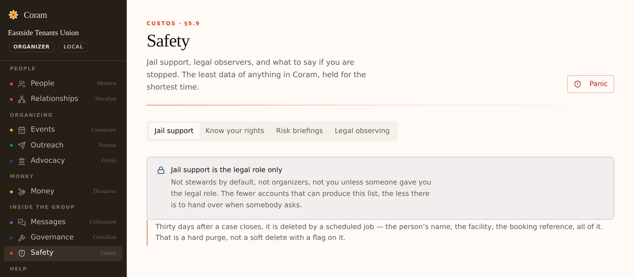 The safety screen explaining that jail support is visible to the legal role only, with a note that closed cases are deleted after thirty days.