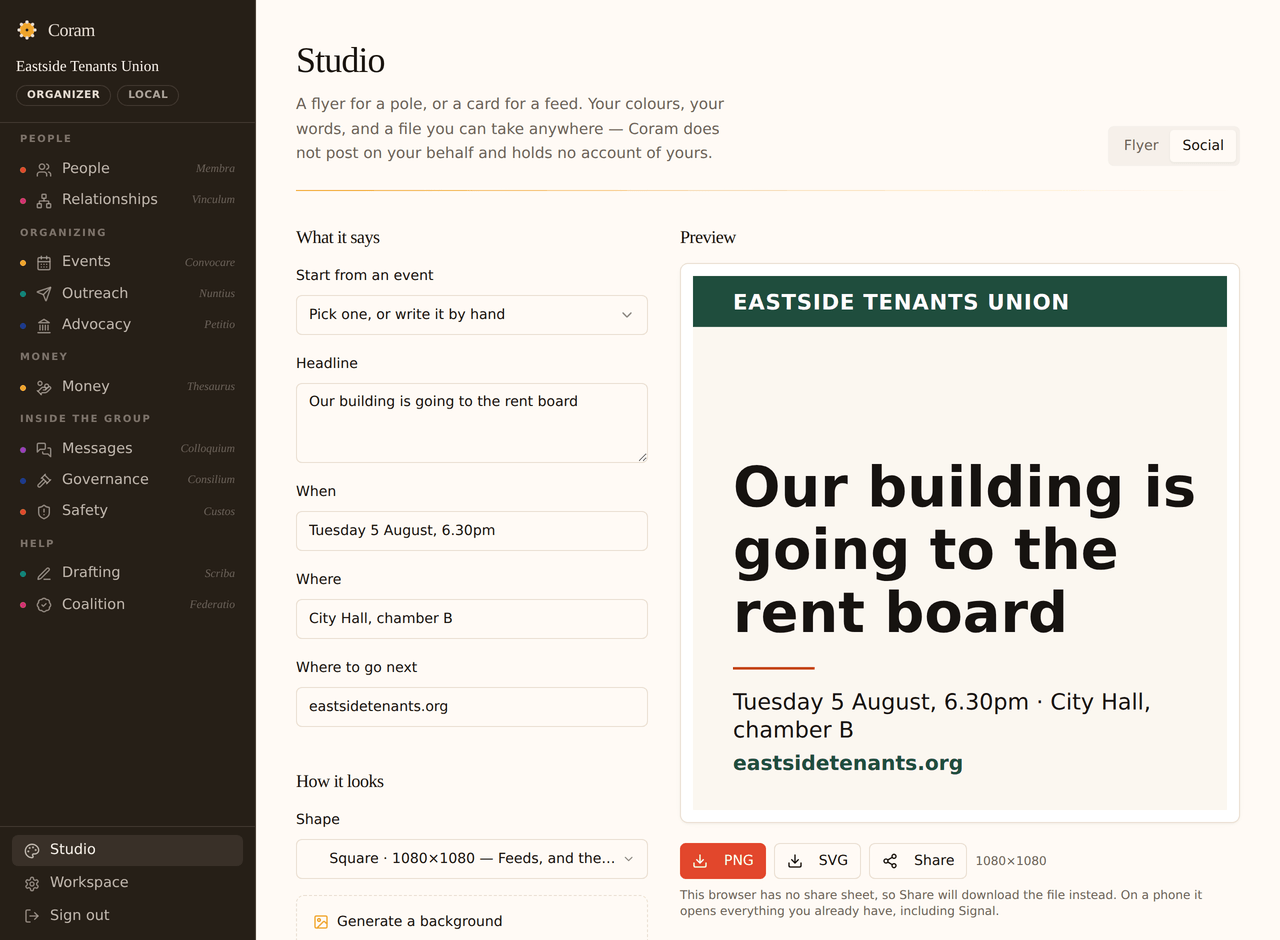 The design studio: a headline, date and place on the left, and on the right a finished square social card in the group’s own colours, with its name across a coloured band.