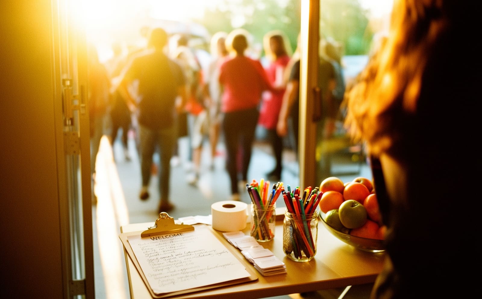 A welcome table with a clipboard, name tags and coloured pens as people arrive.