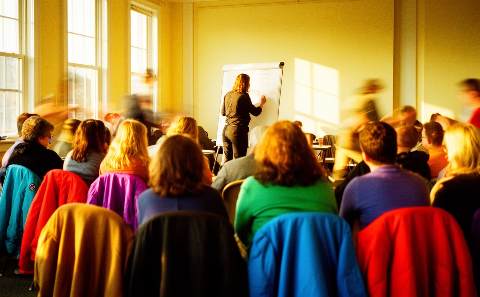 A union hall filling up before a meeting, people carrying chairs in warm light.