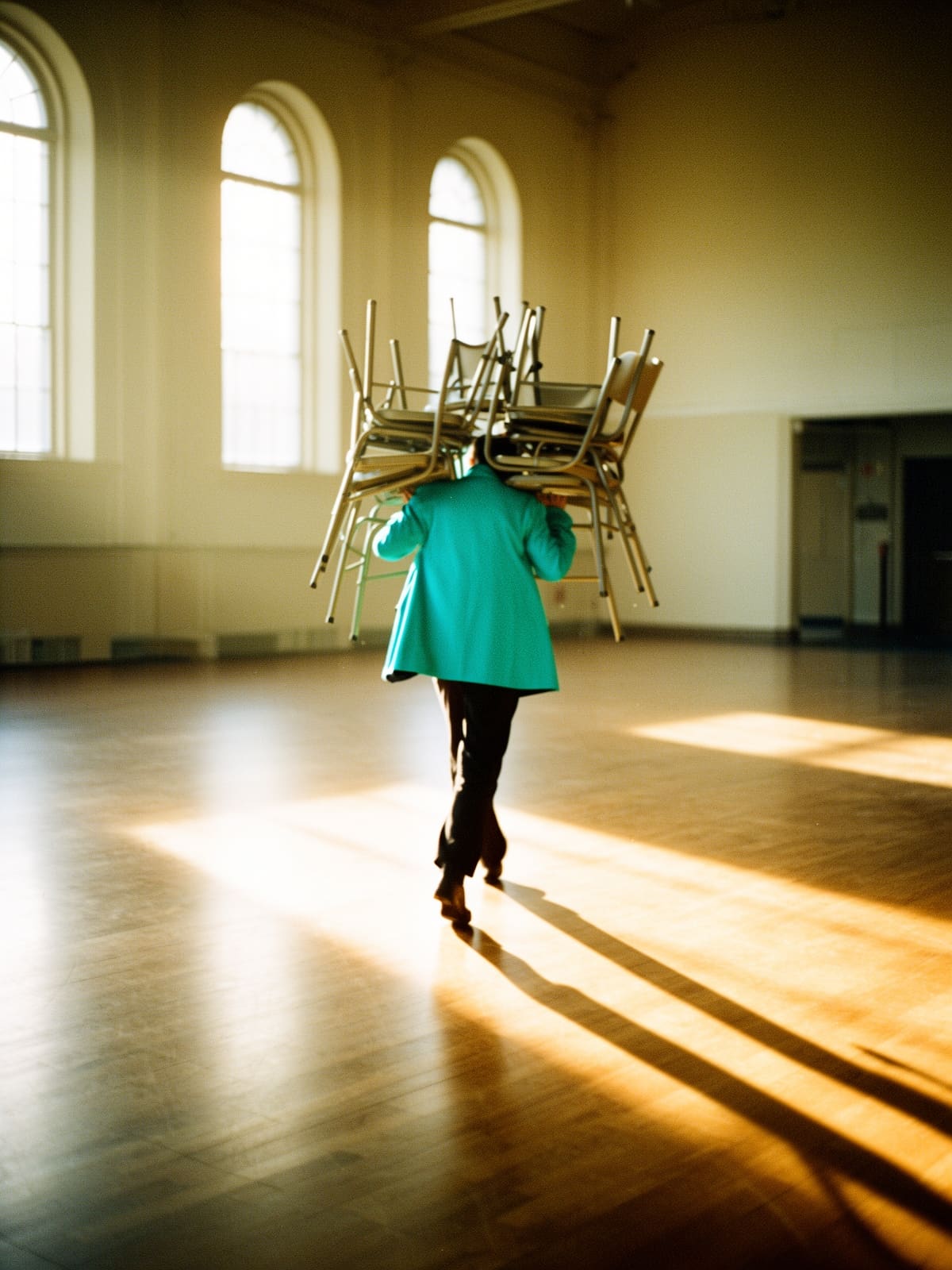 A person carrying folding chairs mid-stride across a sunlit hall.